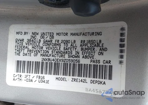 2009 Toyota Corolla Le z USA, uszkodzony, nr VIN 1NXBU40EX9Z059056